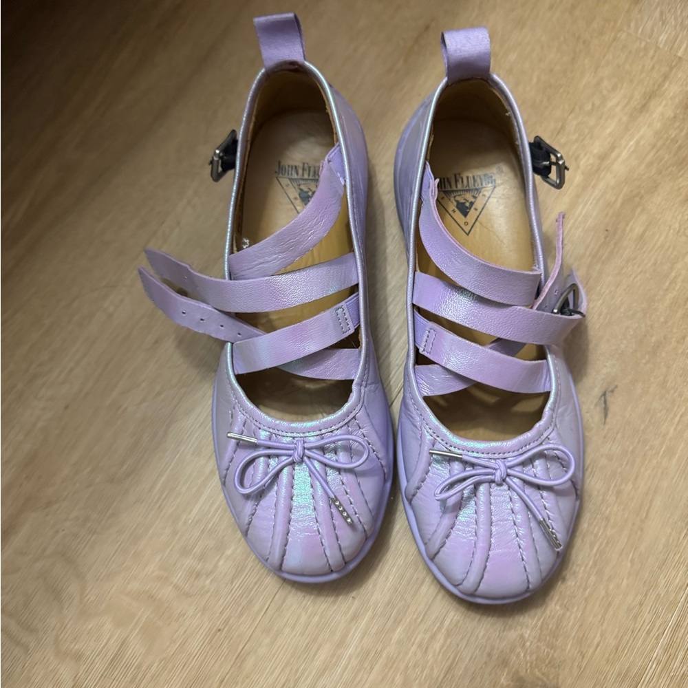 John Fluevog Freight Iridescent Lavender Strap Shoes